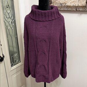 Seven7 Deep Purple Plum Chunky Cozy Cowl Neck/Turtleneck Cable Knit Sweater